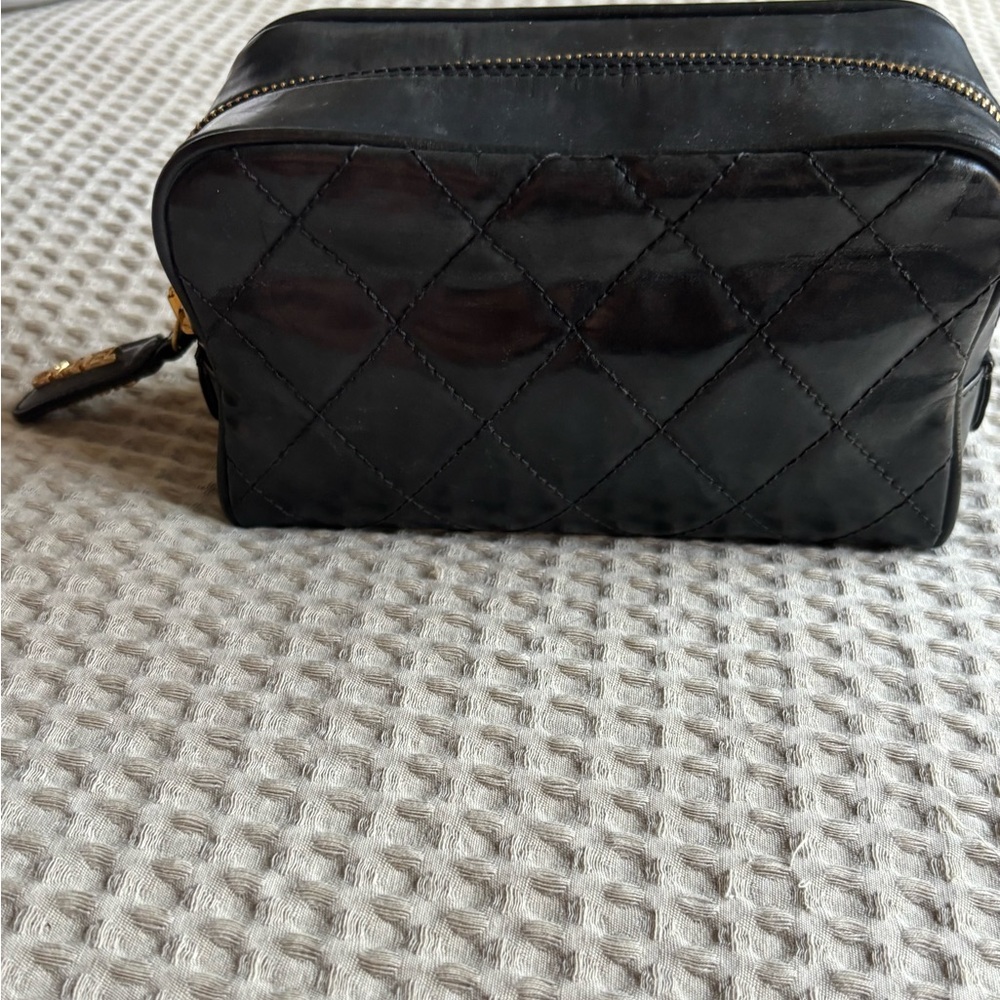 CHANEL Black Quilted Leather Cosmetic Case with Gold Zipper
